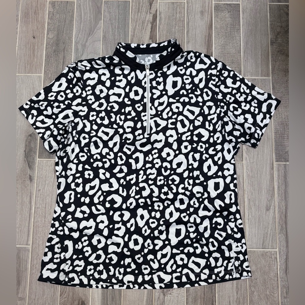 Tail Jo Quarter Zip Short Sleeve, B&W Cheetah Print, L
